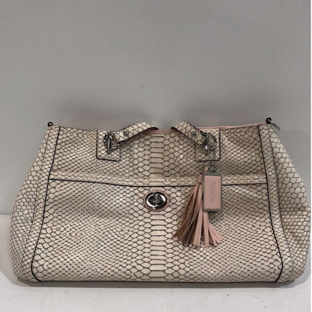 Women’s Coach Park Pink-Tone Python Print Leather Satchel Bag with Tassel